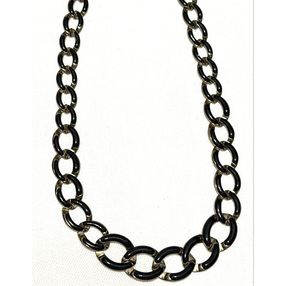 Black Enamel & Gold Tone Chunky Chain Necklace Vintage Style 9” Drop